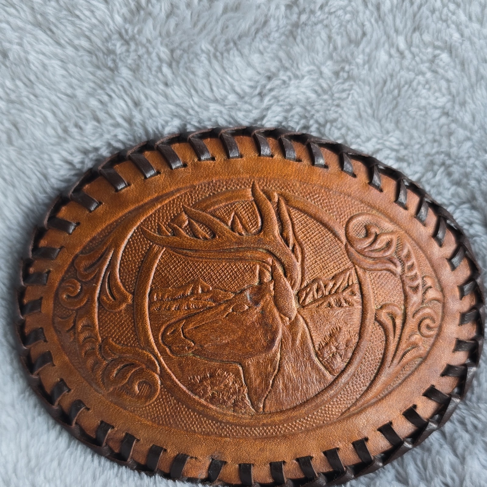 Brown Leather Oval Western Horse Belt Buckle Tooled Laced Fits 1.5&Prime; Belt