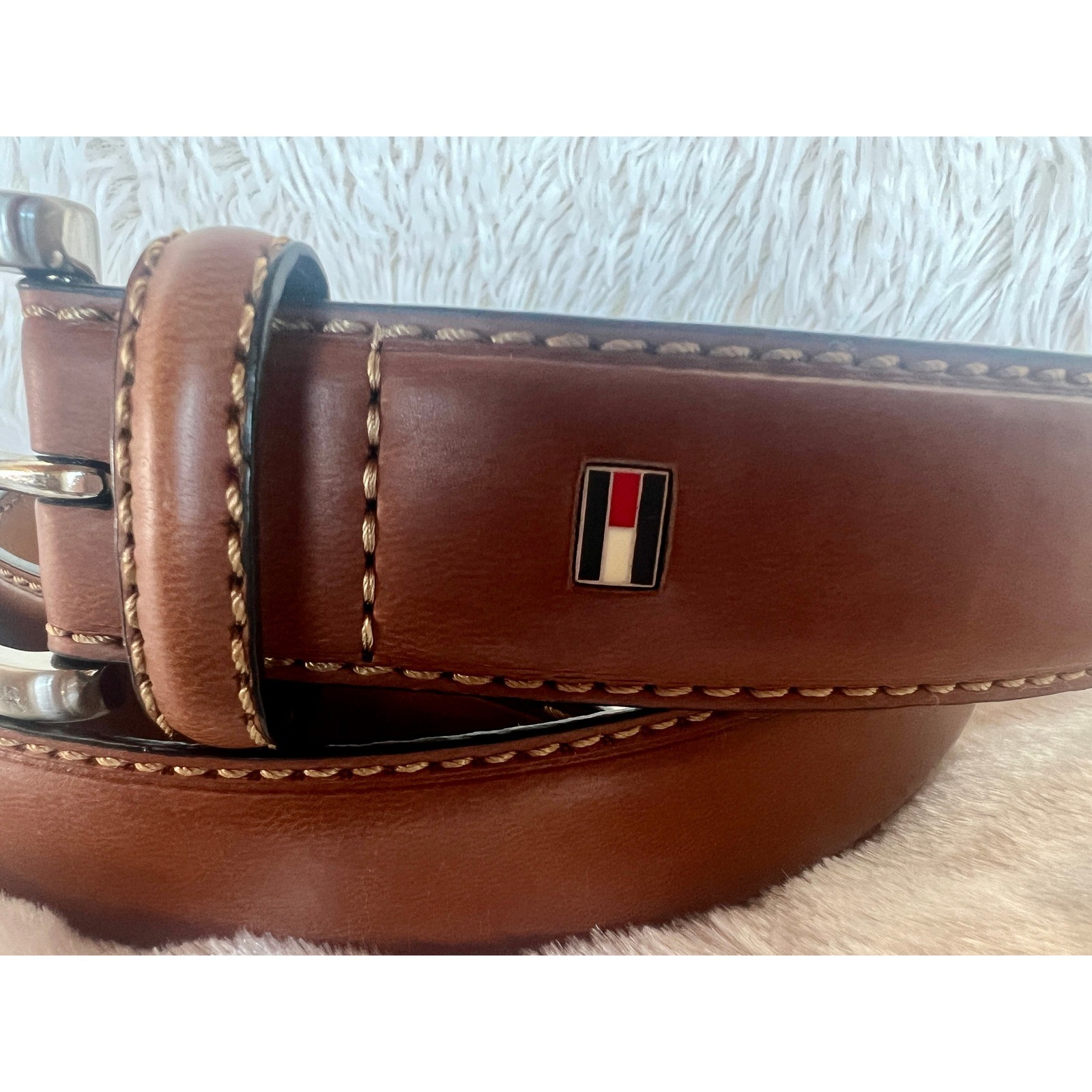 Tommy Hilfiger Brown Leather Belt Silver Buckle Stitched Casual Dress Size 40