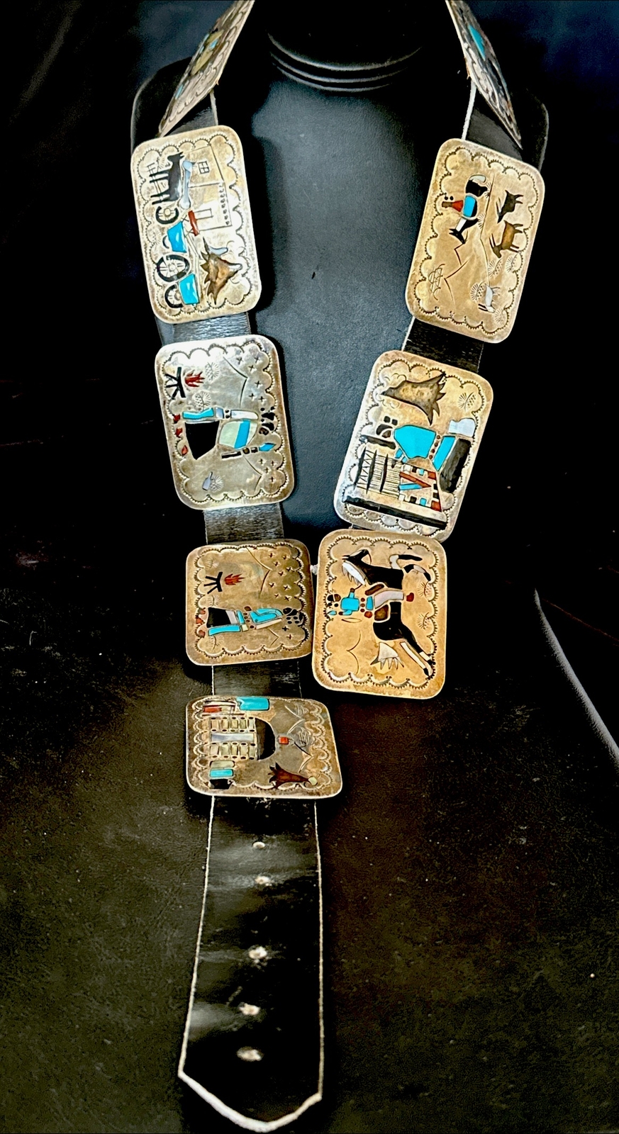 Turquoise Onyx Zuni Sterling Silver Sun Face Inlay Old Pawn Belt 40&Prime; 17406