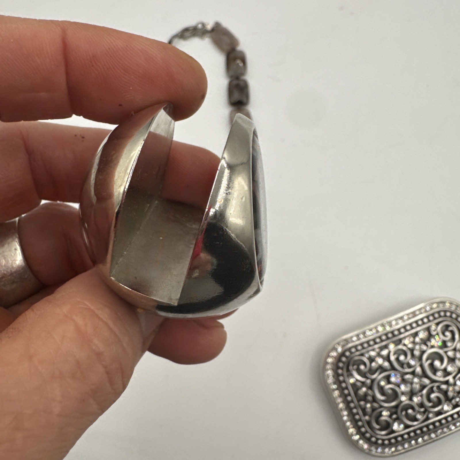 Shiny Metal Fashion Belt Buckle Business Card Holder & Agate Necklace.