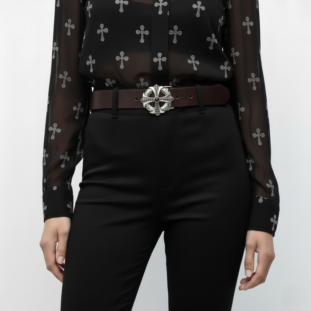 Gothic Cross Belt Buckle in Antique Silver with Black Crystals