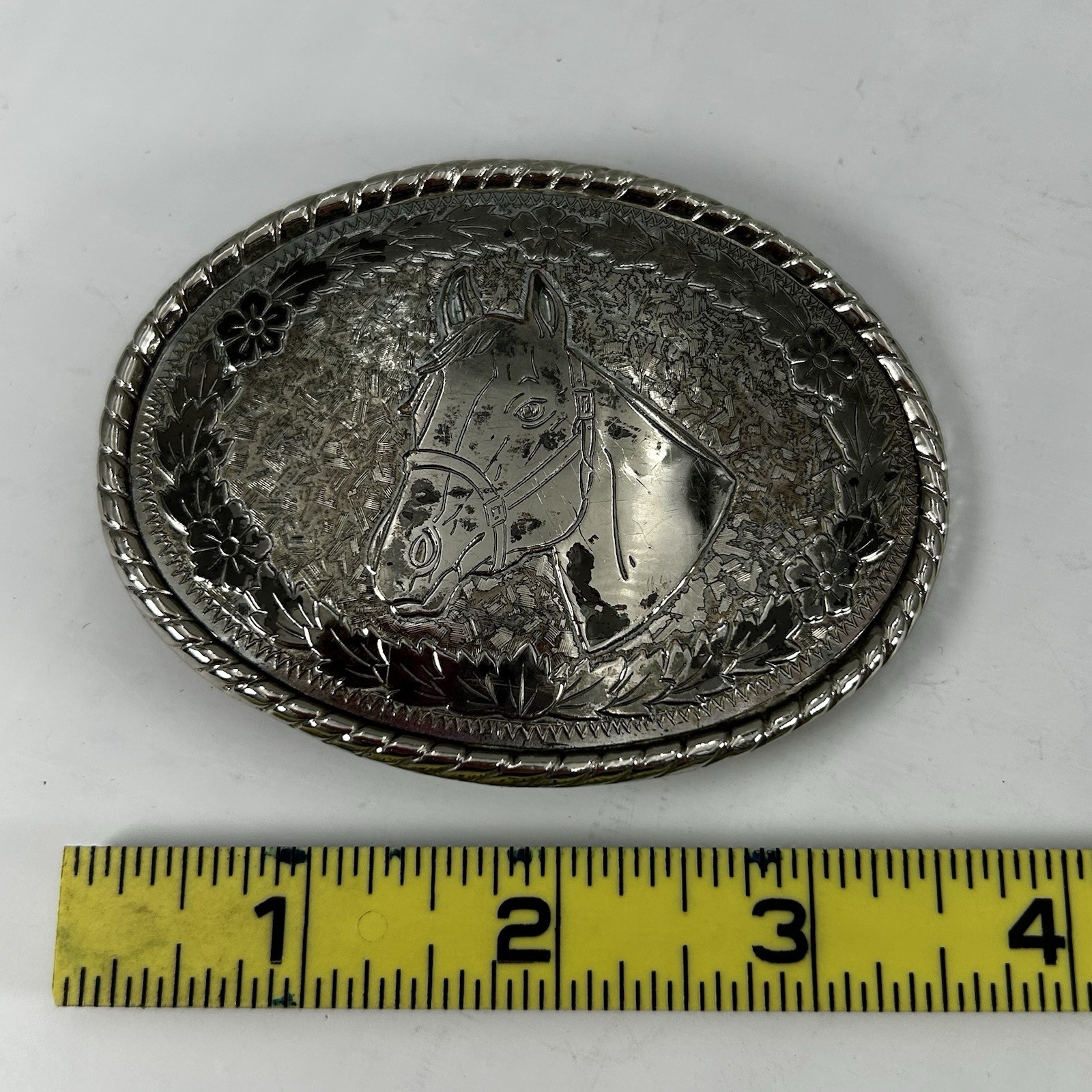 Vintage W Horse Head Belt Buckle Silver Tone Floral Rope Edge Made in USA