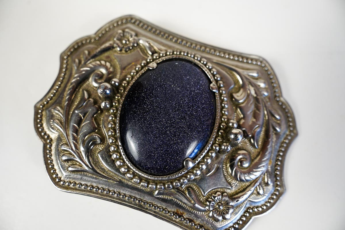 Vintage Western Floral Embossed Metallic Blue Star Stone Silver Tone Belt Buckle