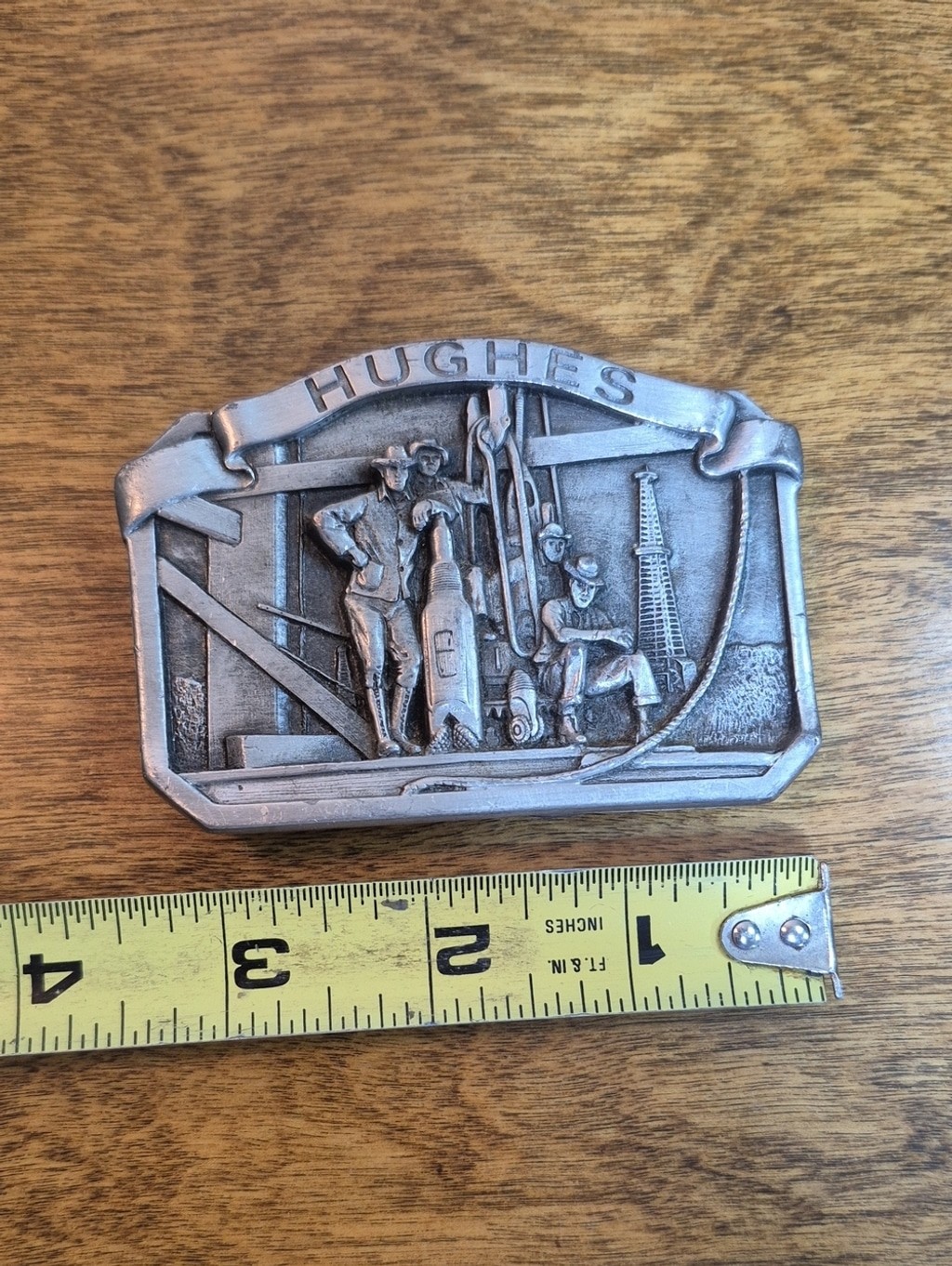 VINTAGE Pewter Hughes Oil Tool Division Belt Buckle Rock Bit Drilling Rig Detail