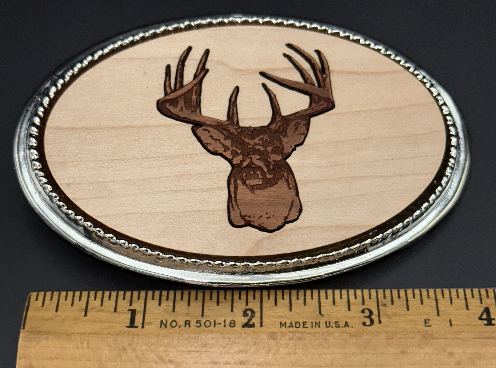 Buck Deer Belt Buckle Unbranded Two Tone Laser Cut Wood in Silver Tone Frame