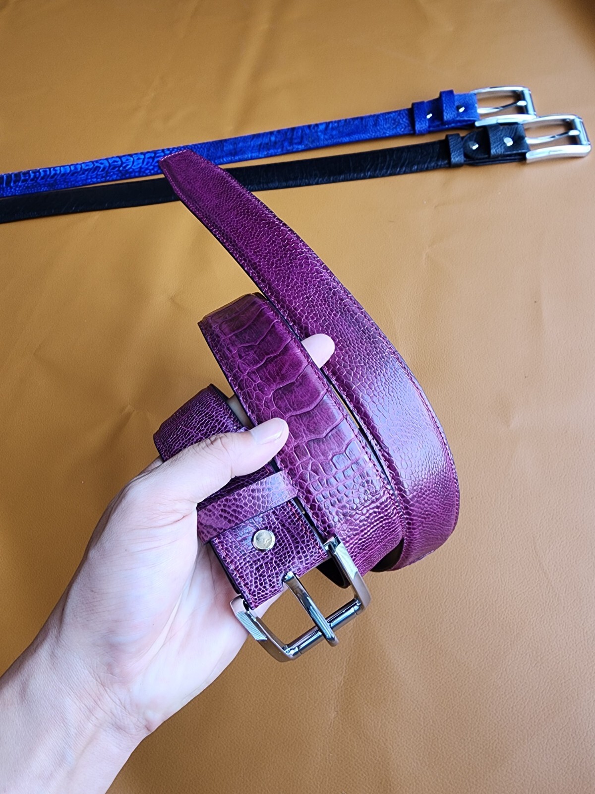 3.8CM Purple 100% Genuine Ostrich Legs Leather Skin Men Belt Buckle-Handmade