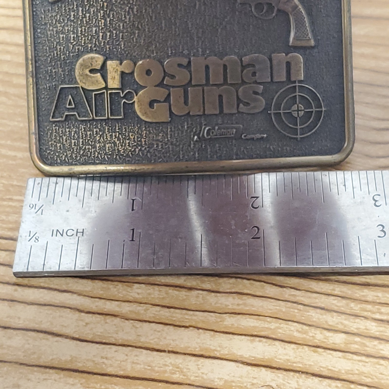 Vtg Crossman Air Guns Brass Belt Buckle Century Canada 2×2.75&Prime; EUC Coleman