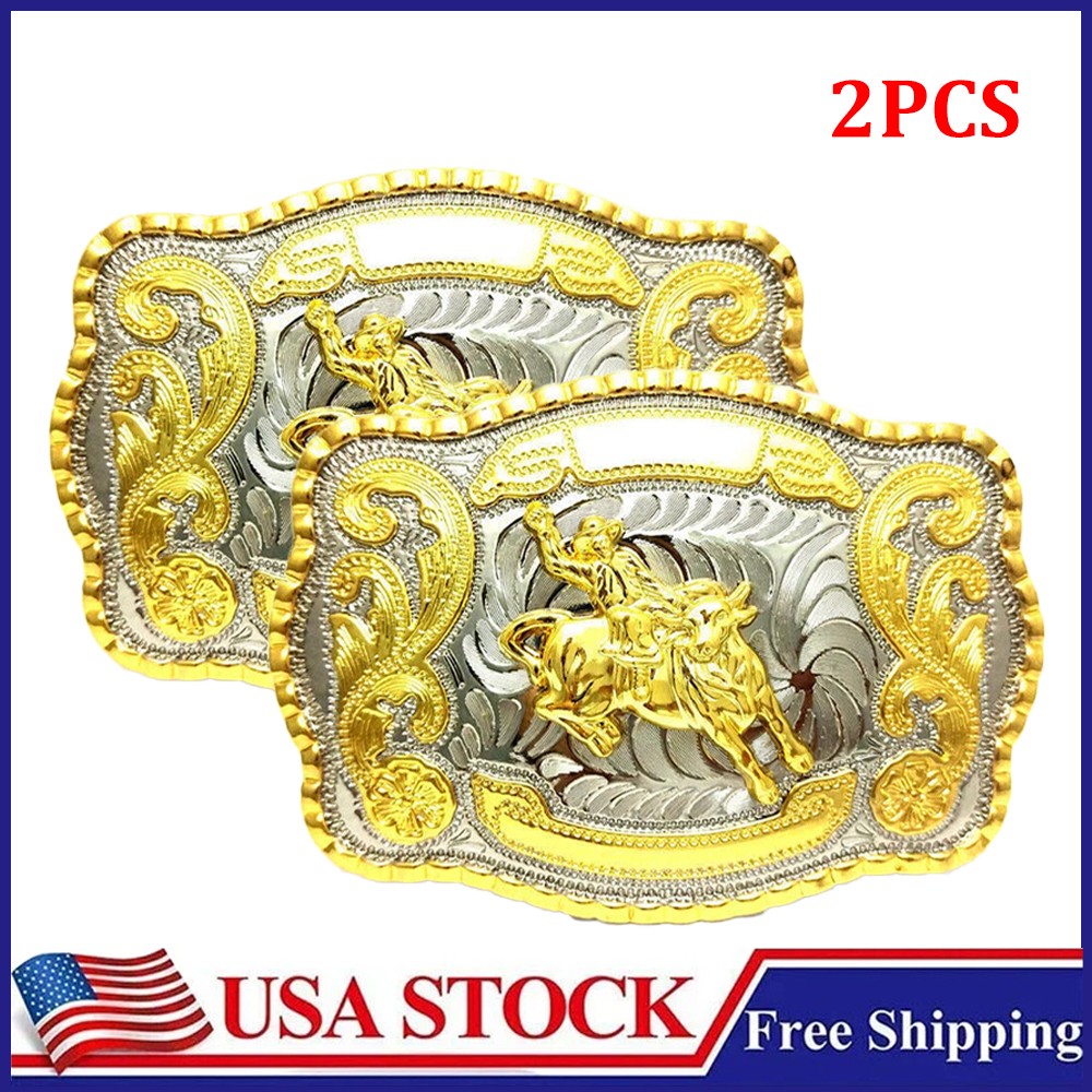 2XWESTERN SHINE BELT BUCKLE MEN BULL RIDE RODEO ANIMAL HUGE RODEO BIG COWBOY US
