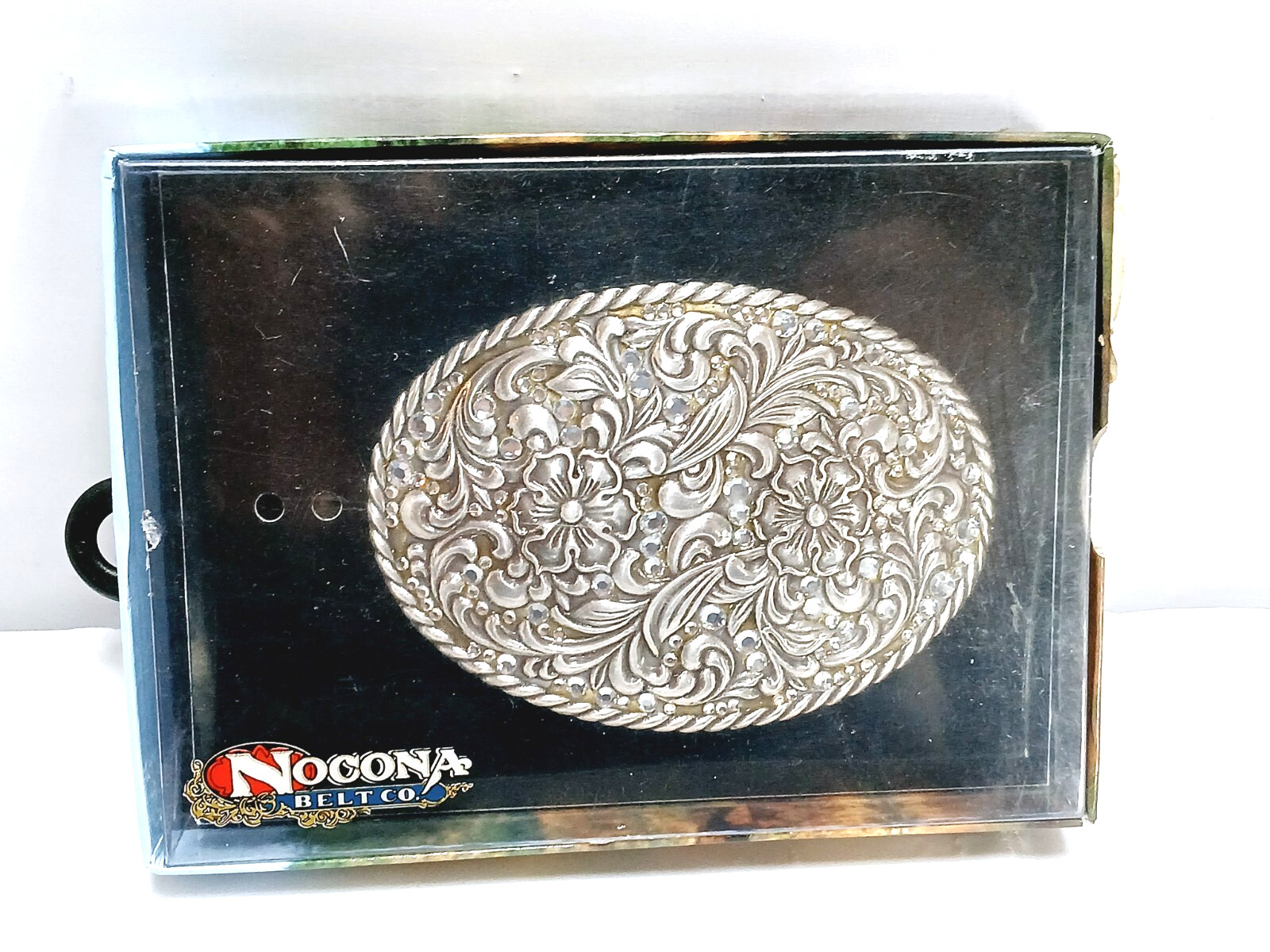 Nocona Womens Rhinestone Floral Belt Buckle in box=3.5&Prime; long = Silver tone