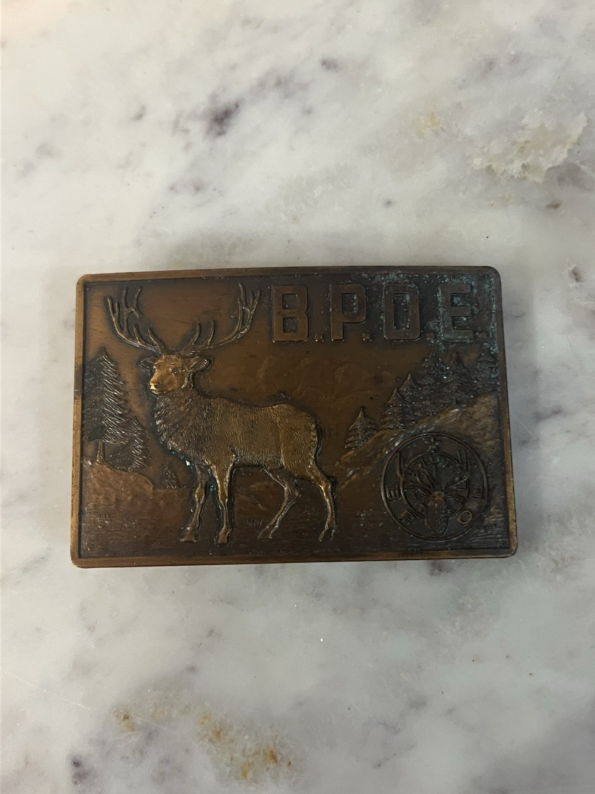 Vintage “BPOE Deer Hunting” Order of Elks Lodge Brass Belt Buckle 2” Rectangle