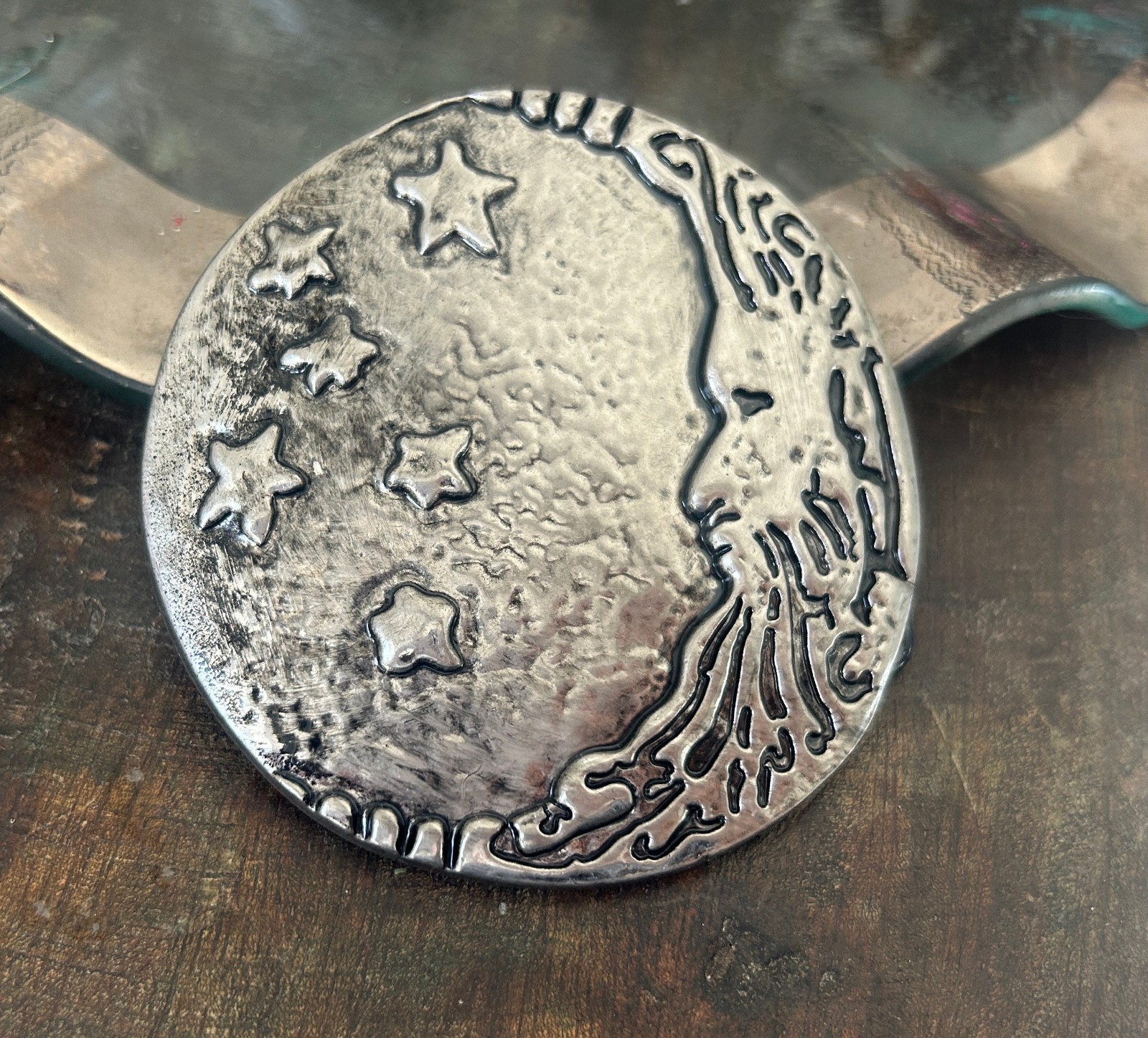 Handmade Silver Moon Face Belt Buckle Smiling Moon Stars Western Style