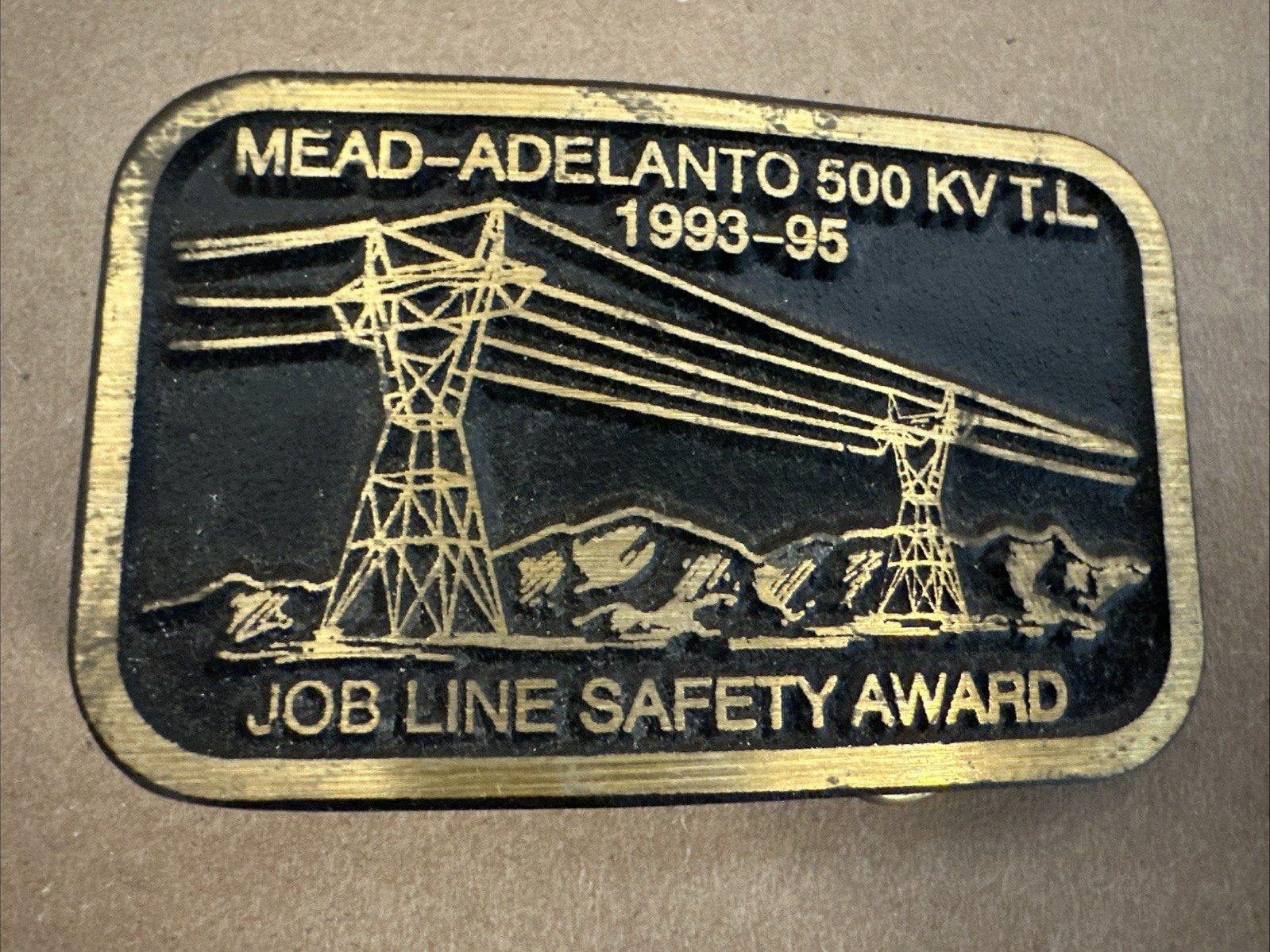 Vtg Solid Brass Belt Buckle Mead-Adelanto 500 KV T.L. Job Line Construction Dyna
