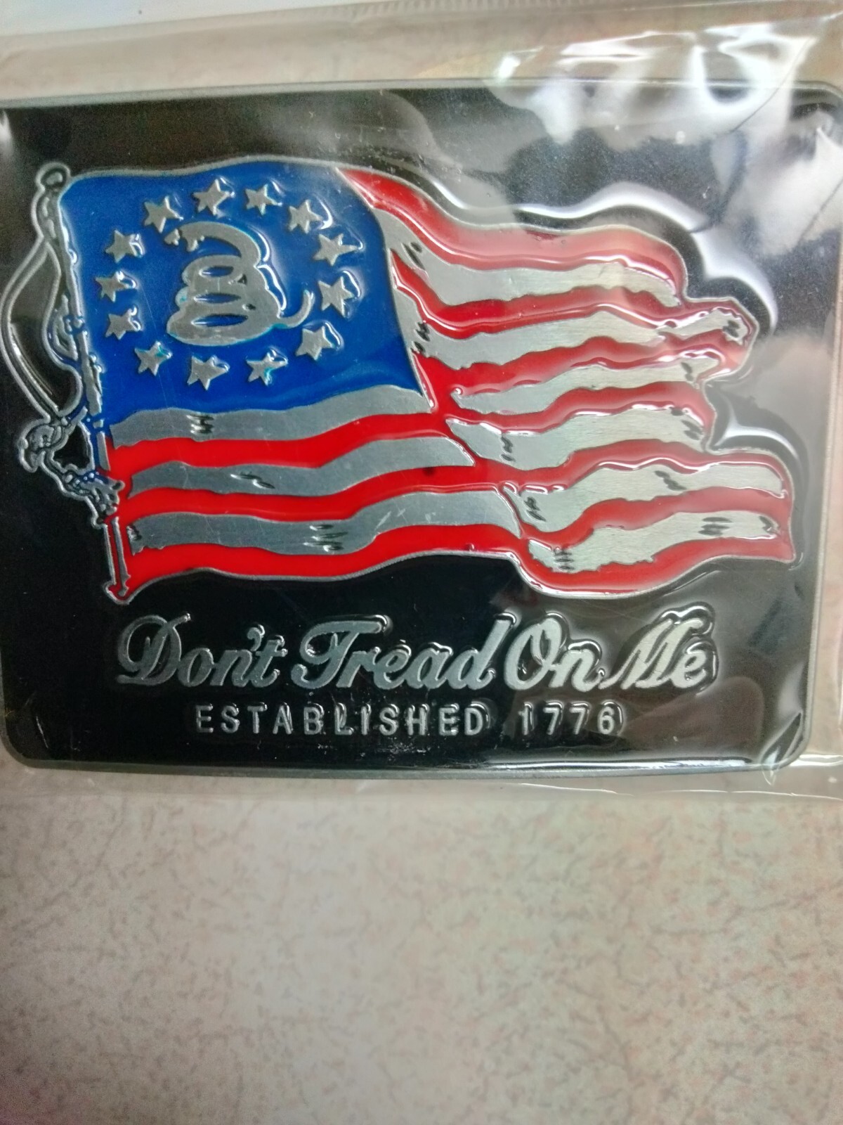 Glossy, Patriotic Don&rsquo;t Tread on Me U.S. Flag metal belt Buckle, New!