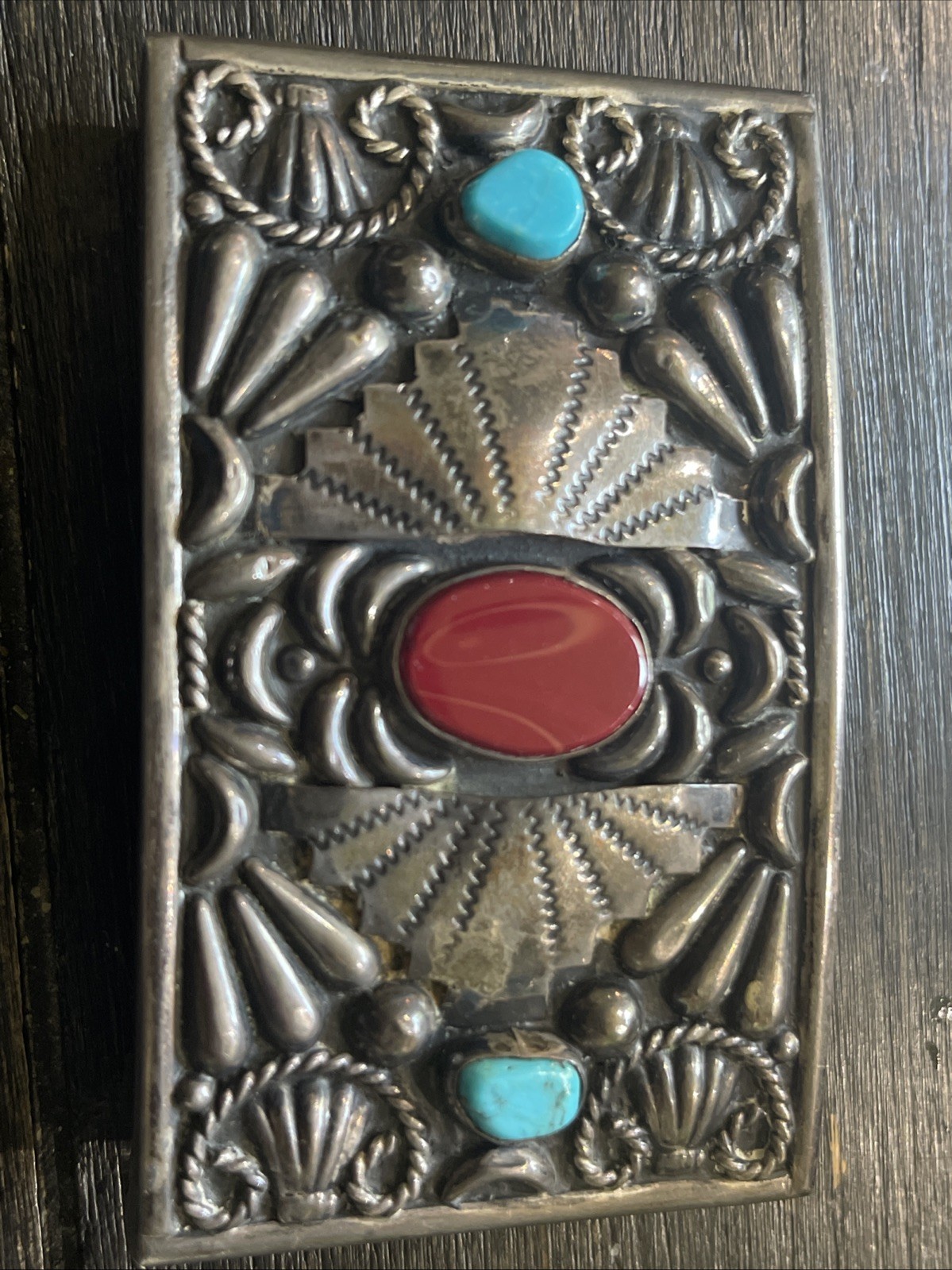 Vintage Native American Mexico Silver Turquoise & Coral Belt Buckle – 56 G