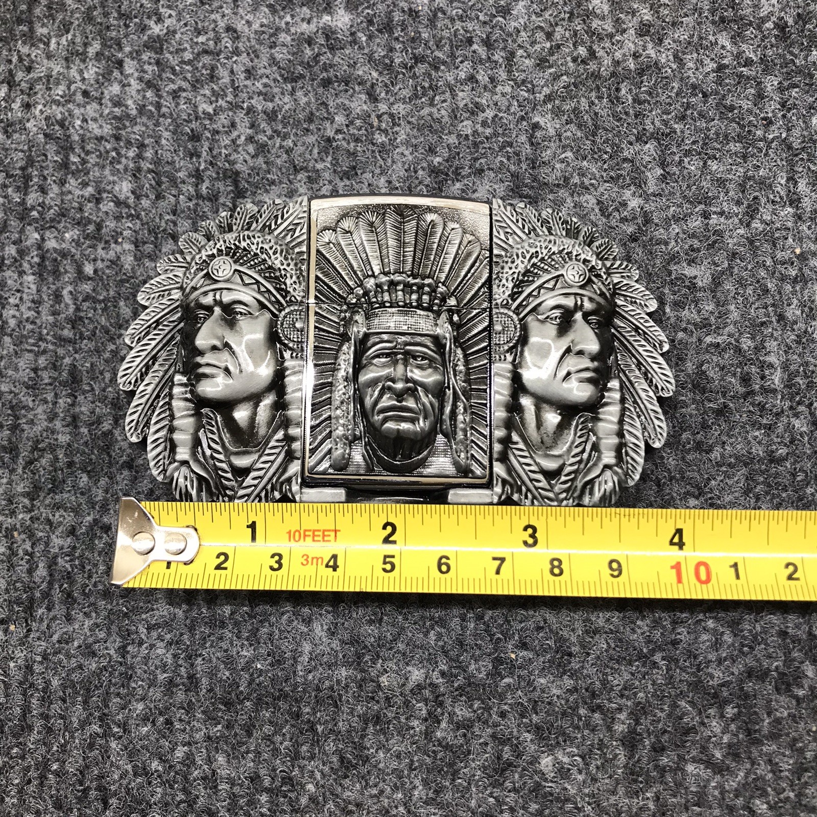 Antique Brushed Indian Chief Head Belt Buckle with Lighter, Stock in US