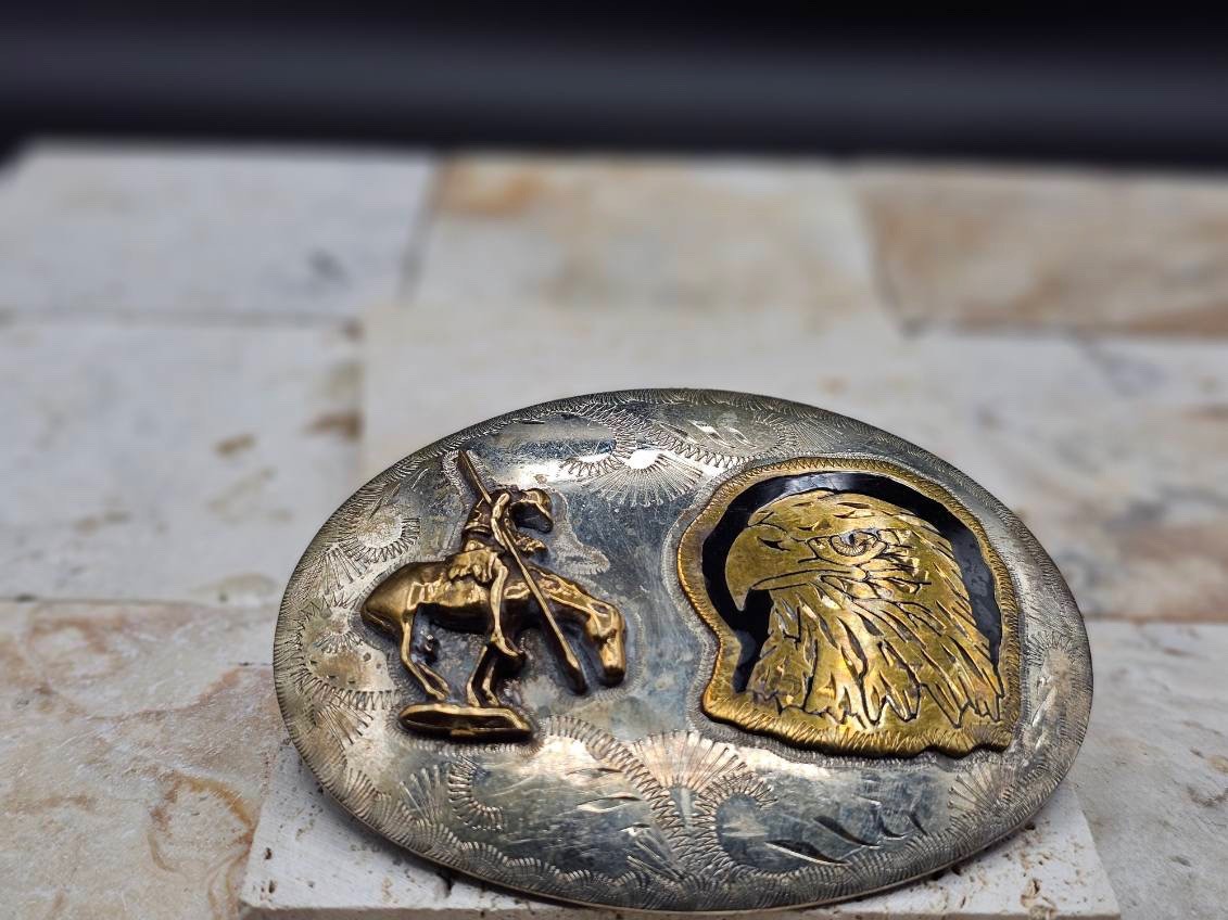 RARE! Southwest SILVER BRASS EAGLE NATIVE AMERICAN & HORSE Belt BUCKLE