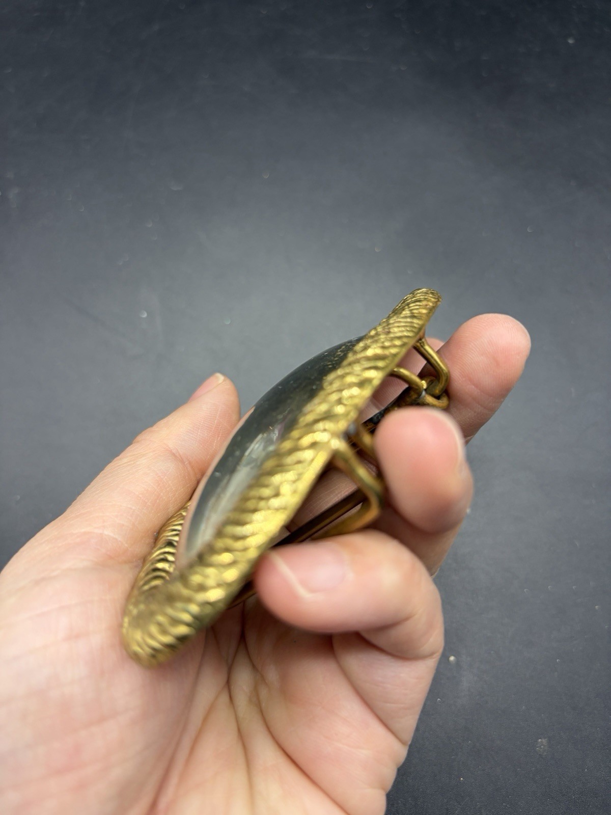 Vintage Two Tone Brass Silver Oval Belt Buckle Modernist Brutalist Western 4”L