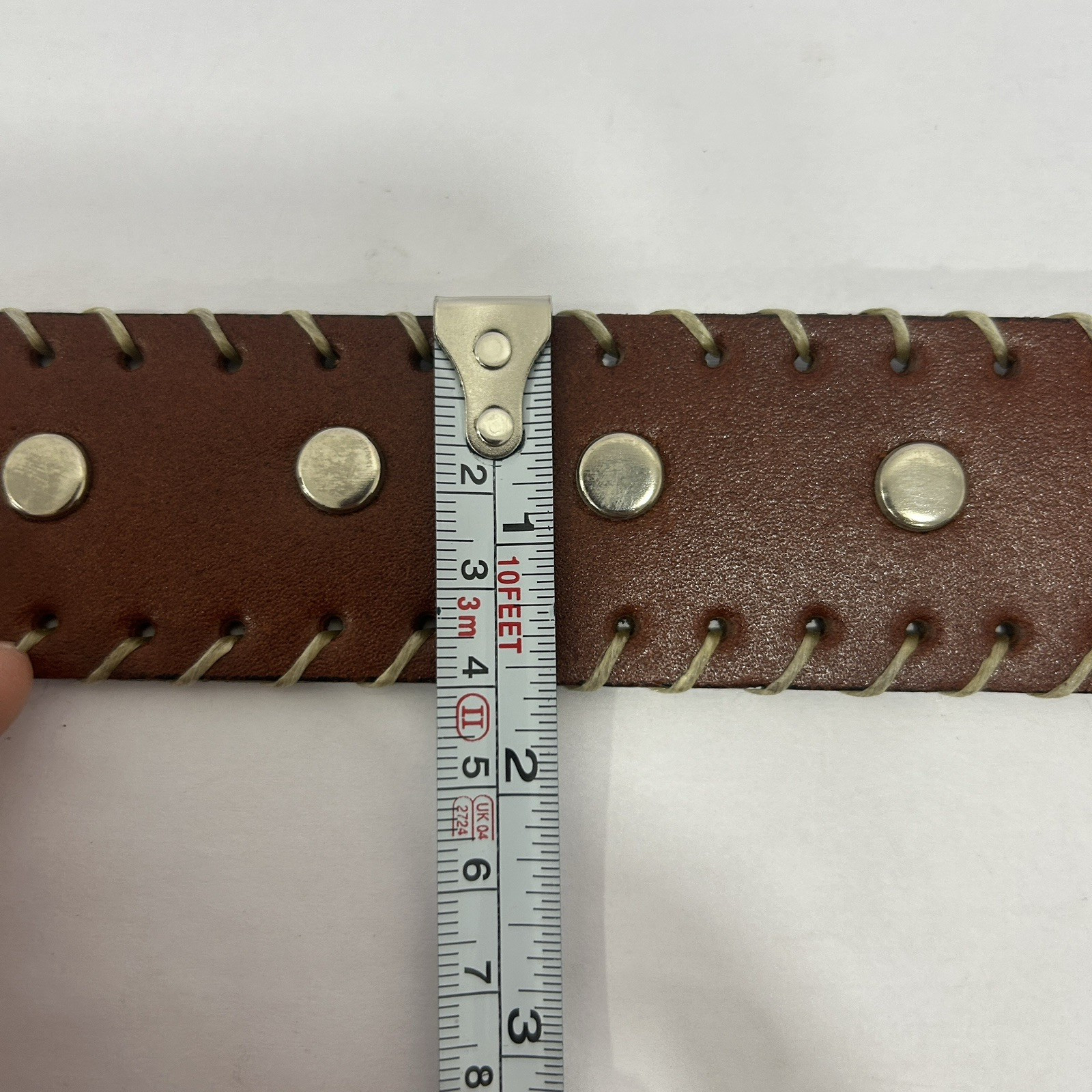 Studded Brown Belt Size 34 Buckle Double Prongs Stitched Western Cowboy Theme