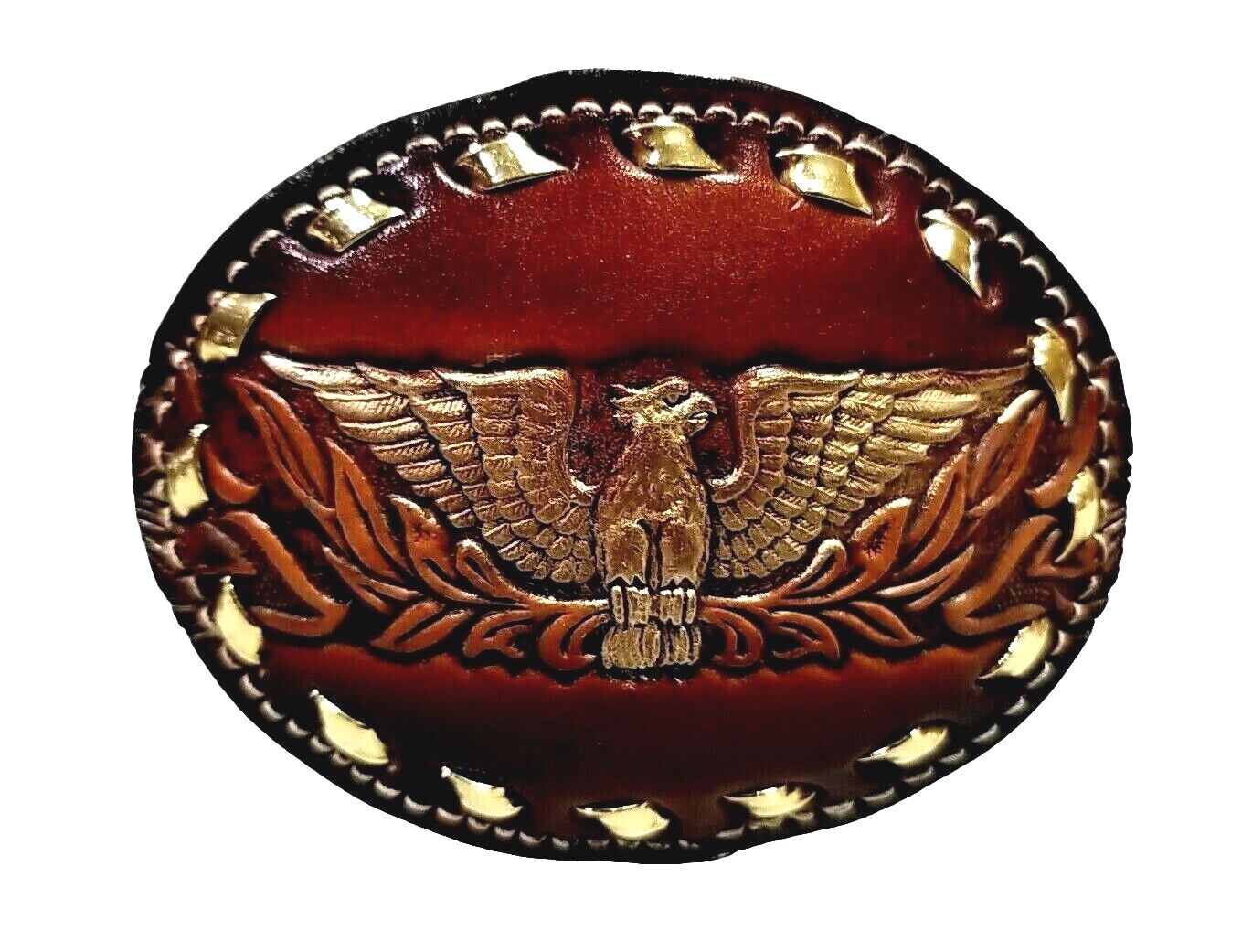 EAGLE Belt BUCKLE w/ GOLD BUCKSTITCHING Lg HANDMADE Brown LEATHER Western/Biker