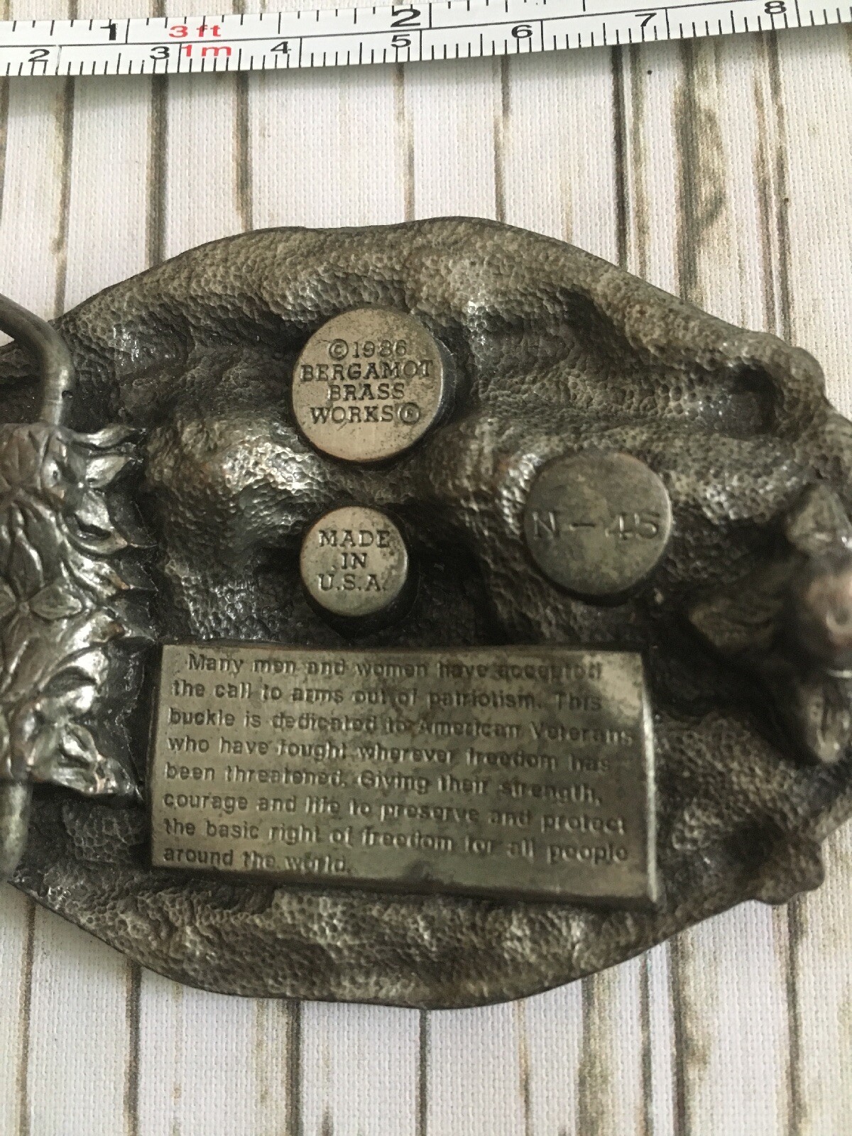 Vintage 1986 Brass USA Patriotic Proud To Be An American Veteran Belt Buckle War
