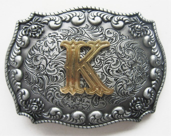 3-D INITIAL LETTER  » K  » RODEO COWBOY SILVER GOLD WESTERN BELT BUCKLE