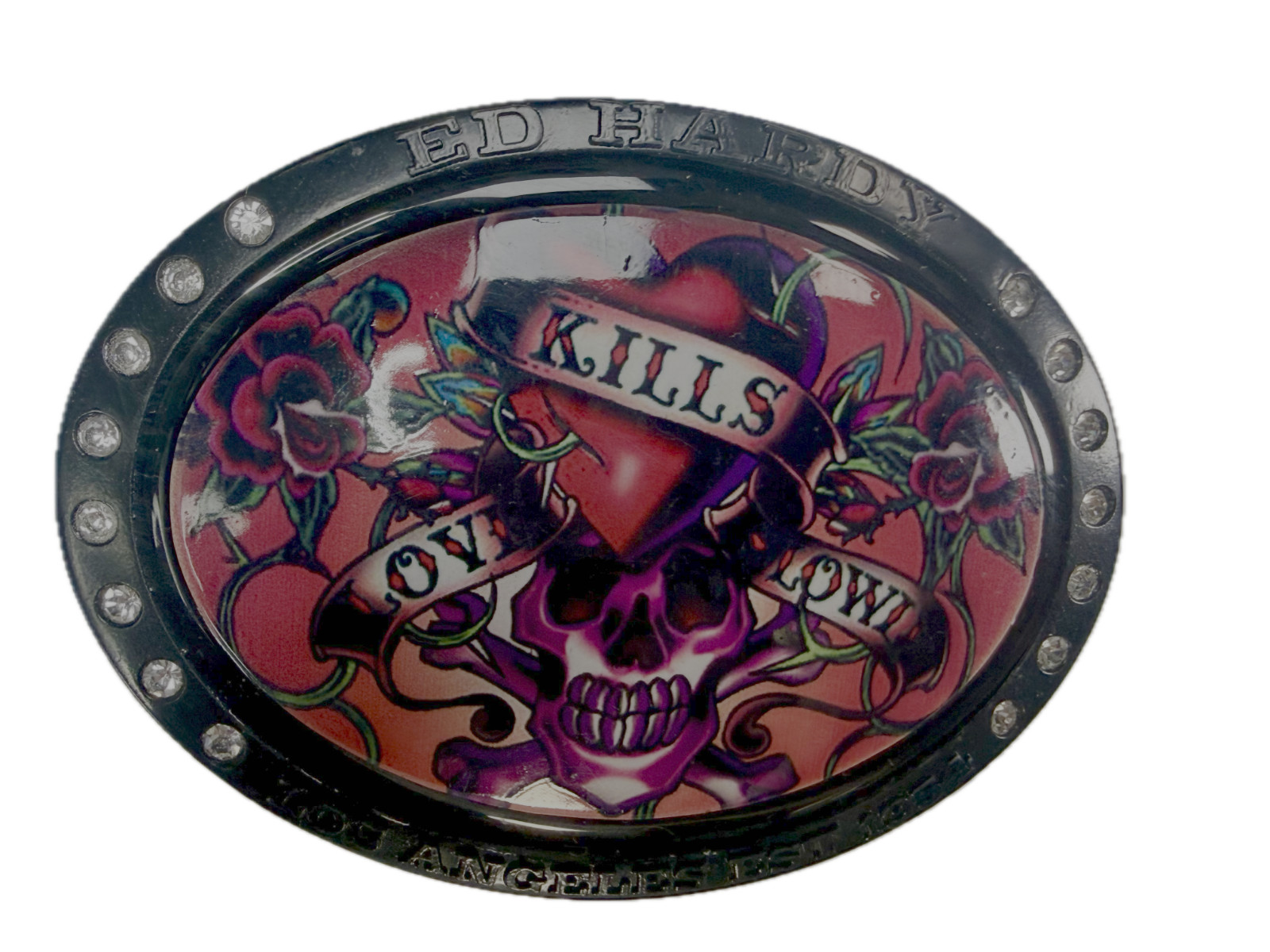 Ed Hardy Love Kills Slowly Signature Tattoo Skull with Rhinestones Belt Buckle