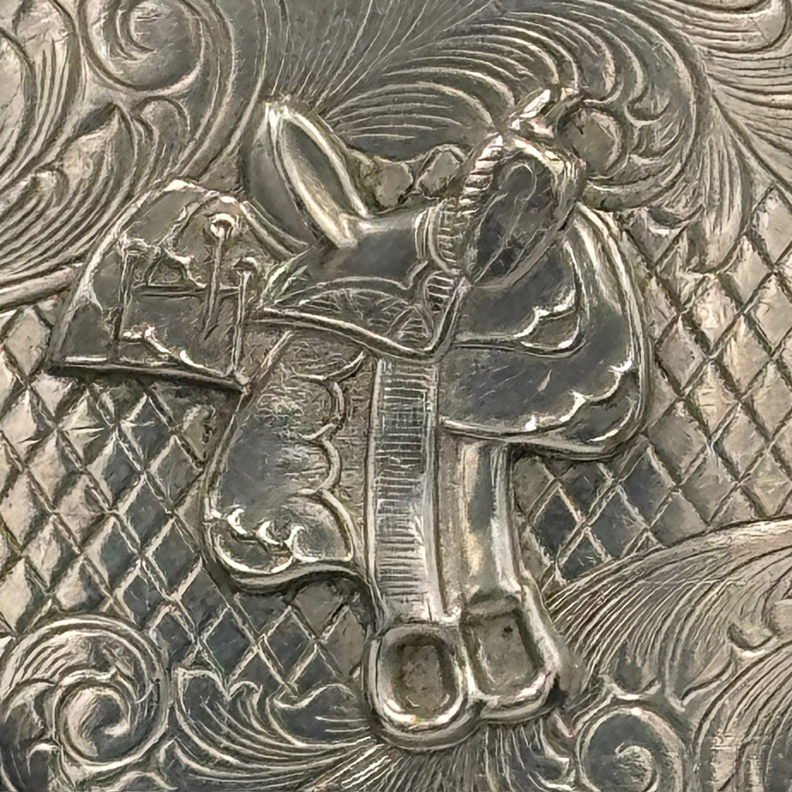 Vintage Western Horse Saddle Belt Buckle Solid Brass Silver Tone Engraved Floral