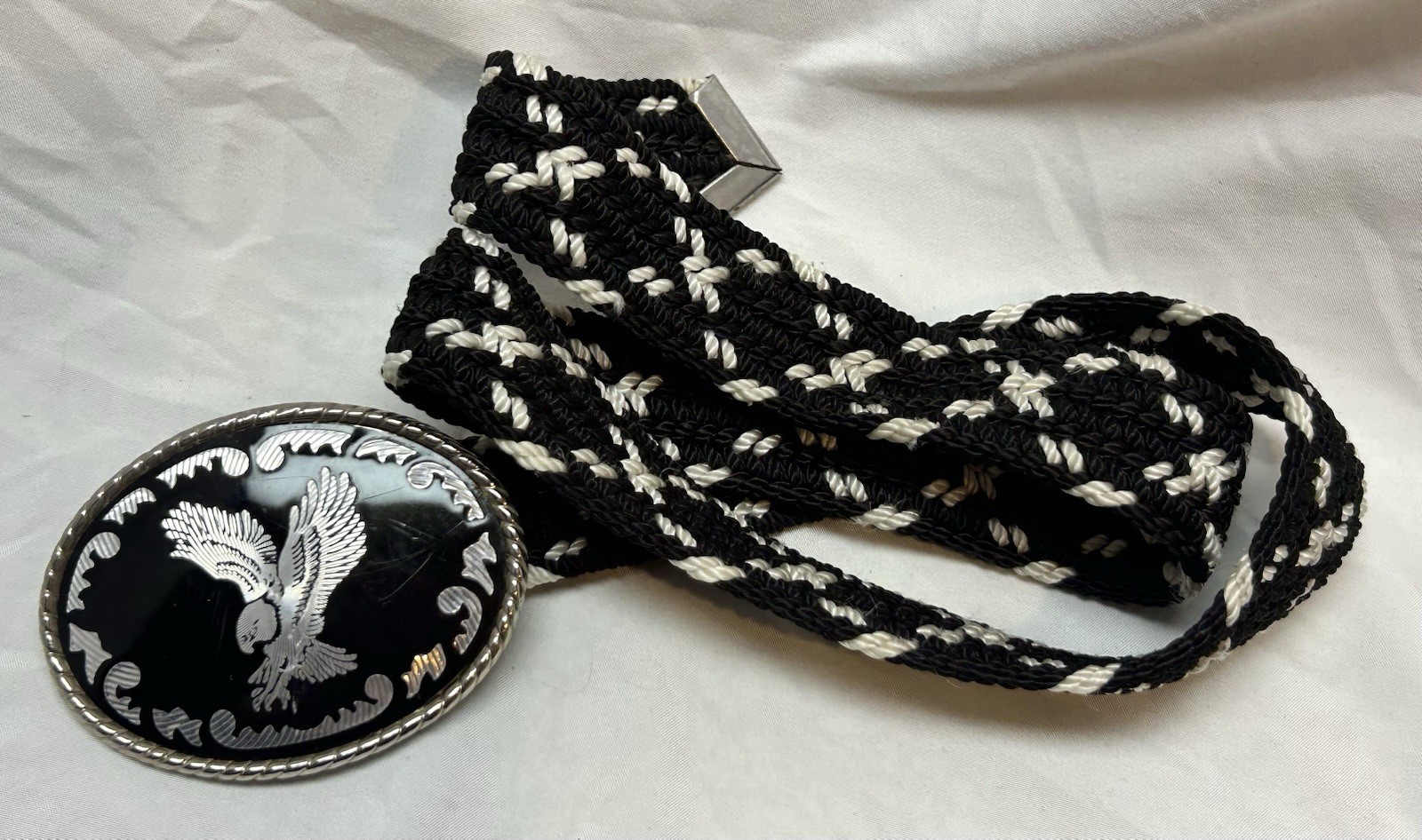 VTG Eagle Belt Buckle & Braided Belt Black & Silver Tone USA Patriotic Cowboy