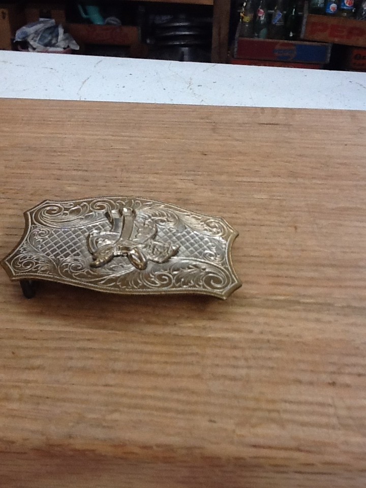 Vintage Western Horse Saddle Belt Buckle Solid Brass Engraved Floral Gold Tone