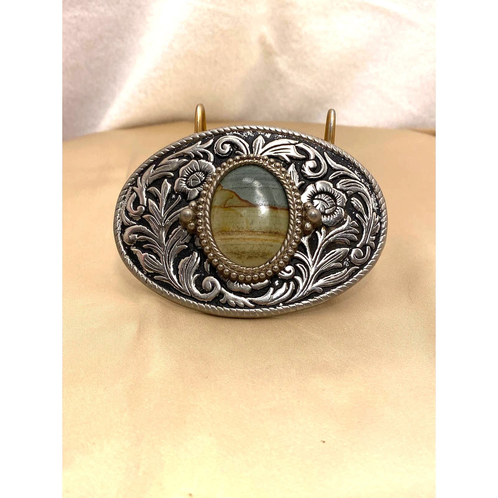 Vintage Silver Belt Buckle with Blue/Brown Natural Stone. Floral/Leaf Design
