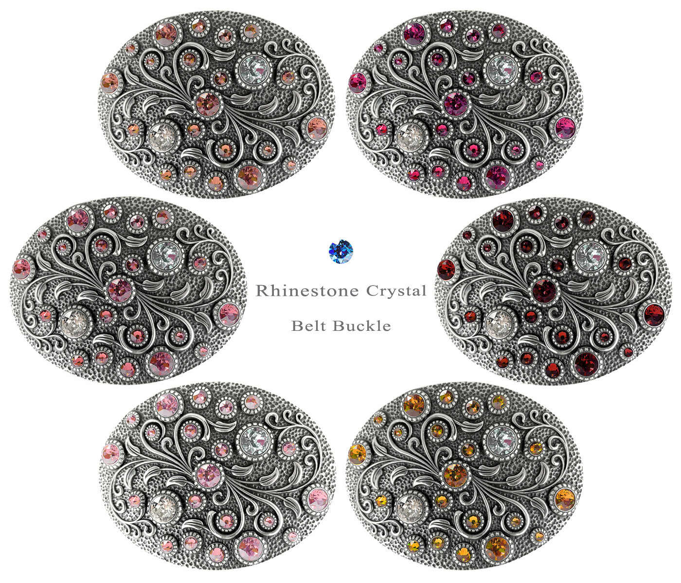 Rhinestone Crystal Belt Buckle Oval Floral Engraved Buckle Fits 1-1/2&Prime;(38mm)
