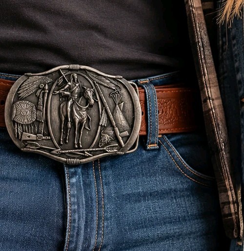 Vintage 1984 Bergamot Brass Works Native American Horse Rider Belt Buckle