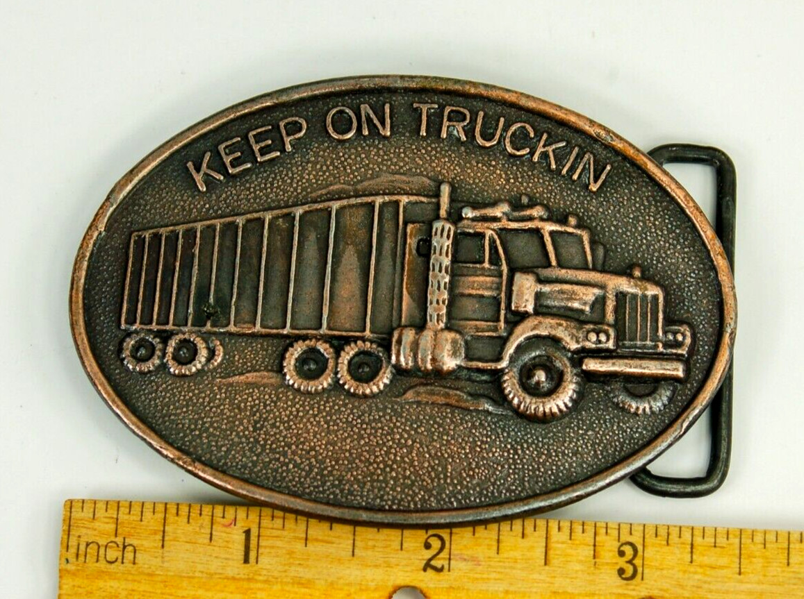 Keep on Trucking Tractor Trailer copper color western belt buckle