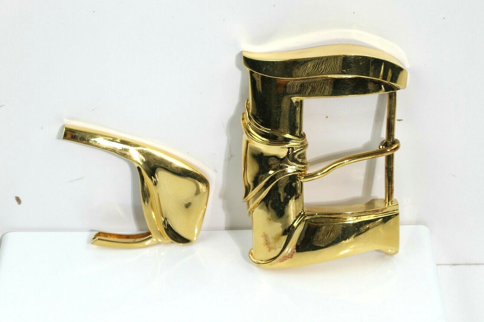 1987 KIESELSTEIN CORD STERLING LARGE 2PC GOLD PLATE BELAIR BUCKLE 4-3/4&Prime; x 3.25&Prime;