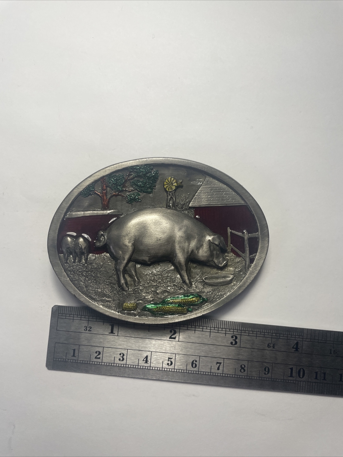 1987 BELT BUCKLE VINTAGE PIG IN PIGPEN C&J INC. MADE IN USA Farmers Farming Hog