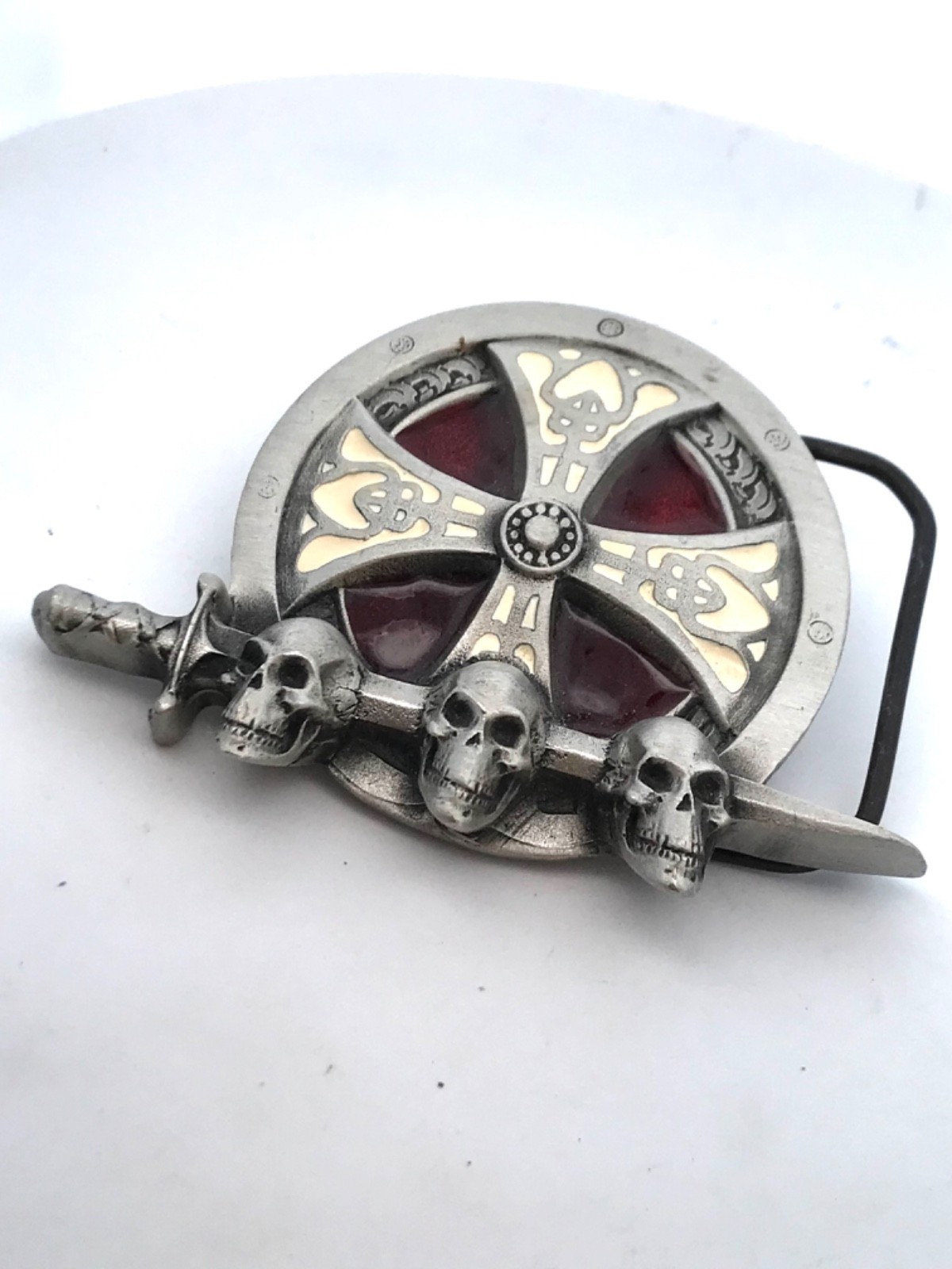 1995 Tanside Ltd Silver Tone Enamel Skull Dagger Maltese Cross Biker Belt Buckle