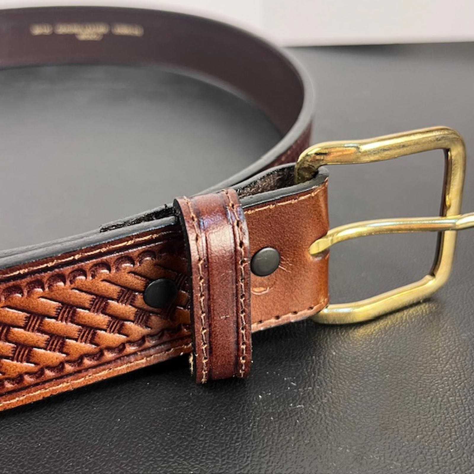 Schmidt Embossed Leather Belt with Brass Gold Buckle Men&rsquo;s Sz 50