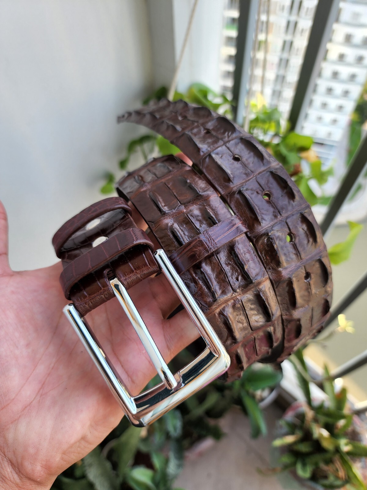 3.8CM Brown 100% Genuine Exotic Leather Skin Men Belt Silver Buckle- Handmade