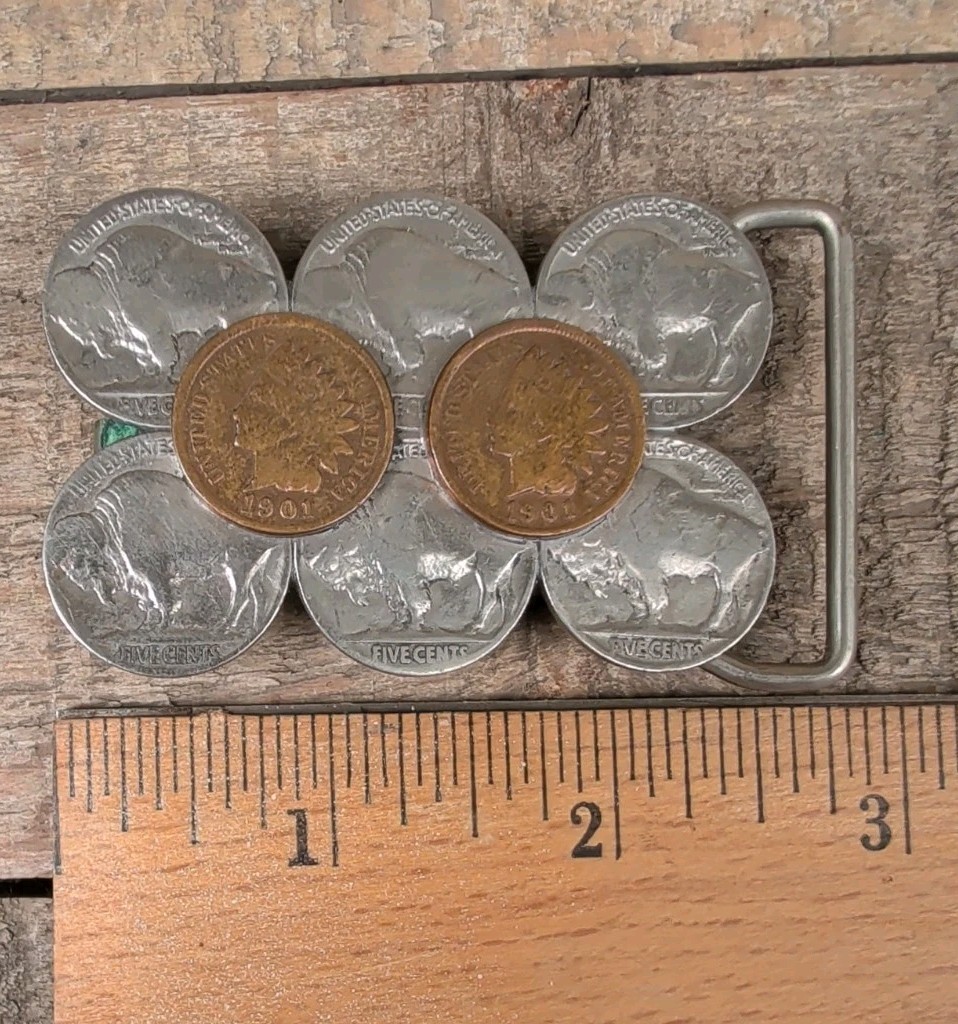 Vintage Indian Head Penny & Buffalo Nickel Belt Buckle Signed JP