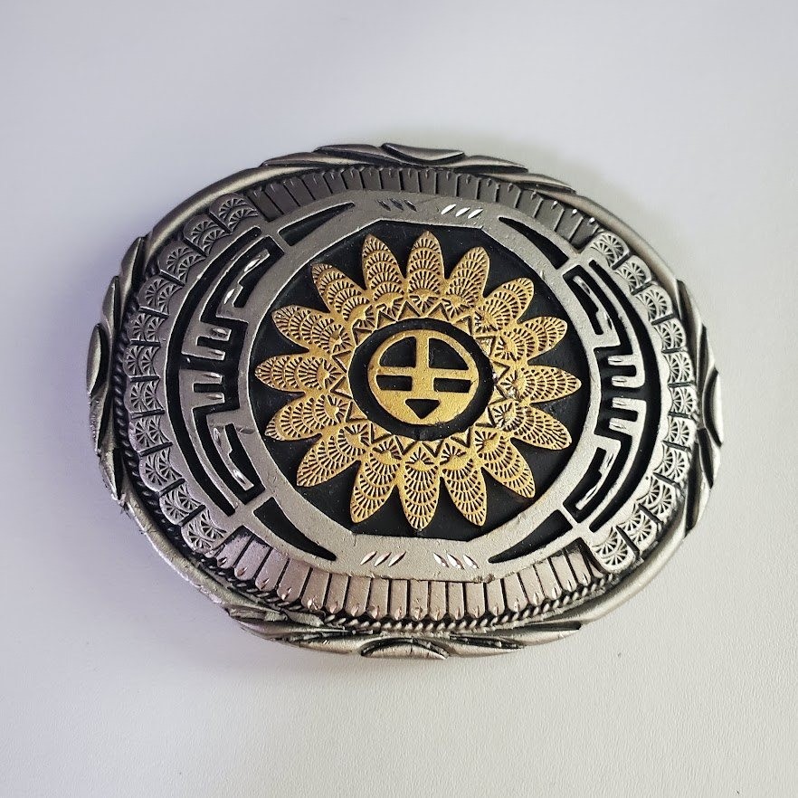 SSI Southwestern Hopi-inspired Sunface Belt Buckle Silver Gold Tone Metal