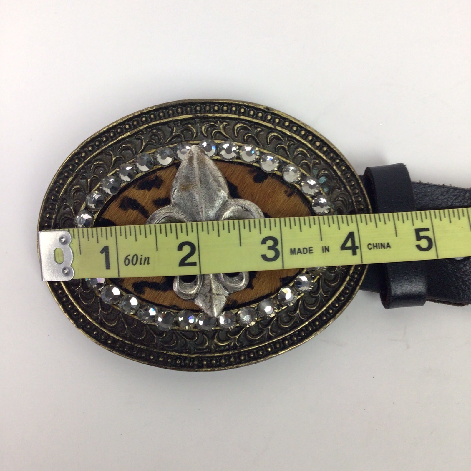 Fleur de Lis buckle + Belt Bronze Animal Print Fur Rhinestone Bling USA Made