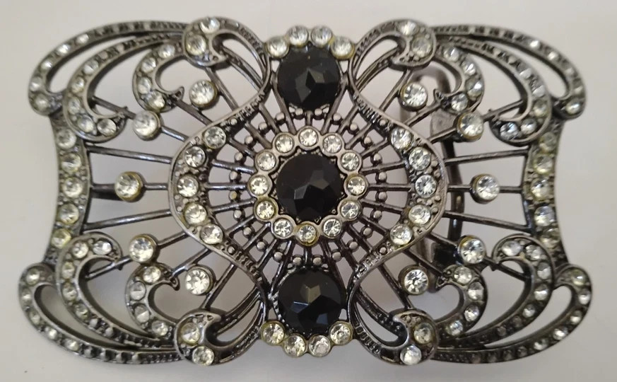 Vintage Goth Themed Metal Belt Buckle Rhinestones & Black Gems Fits 1.5 Hook
