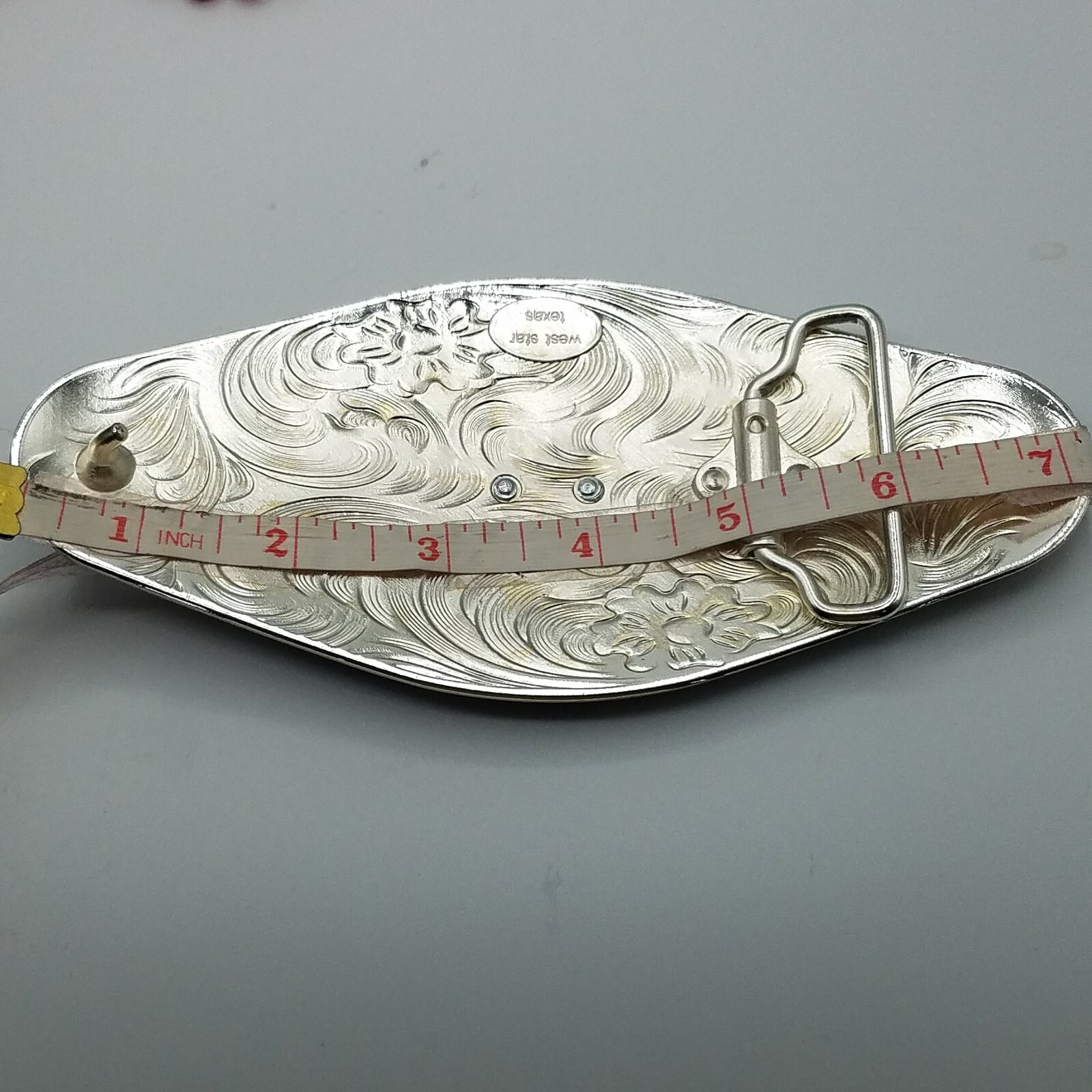 Running horses Western Men Long belt Buckle 7×3.5 silver, red and black oblong