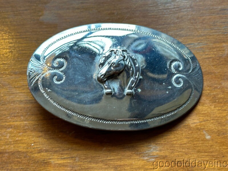Vintage Chrome Silver Horse with Horseshoe Belt Buckle