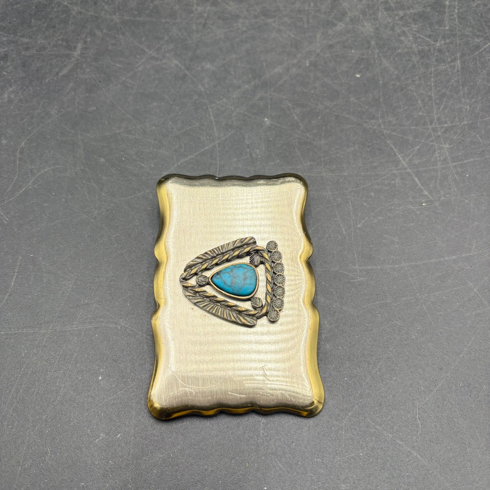 Vtg Native American Theme Belt Buckle Faux Turquoise Scalloped Edge Southwestern