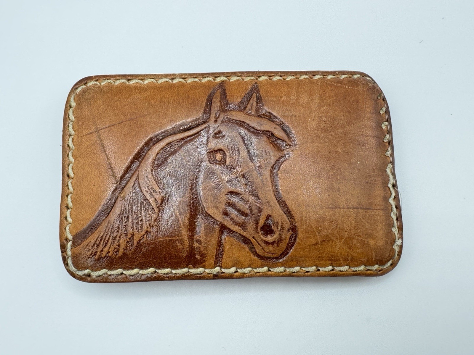 Vintage TOOLED Belt Buckle HORSE Brown Leather WESTERN Cowboy EQUESTRIAN Rodeo