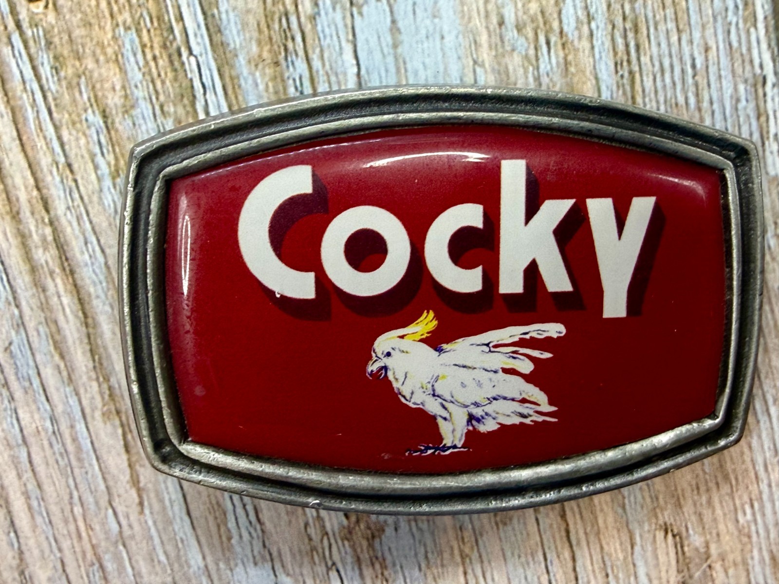 Y2K Men Cocky red belt buckle tv show bone classic hardware vintage retro whimsy