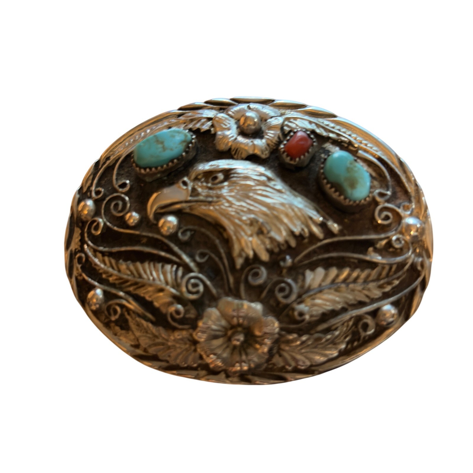 Vintage 1993 Handcrafted USA Eagle Belt Buckle Turquoise Coral Western Silver