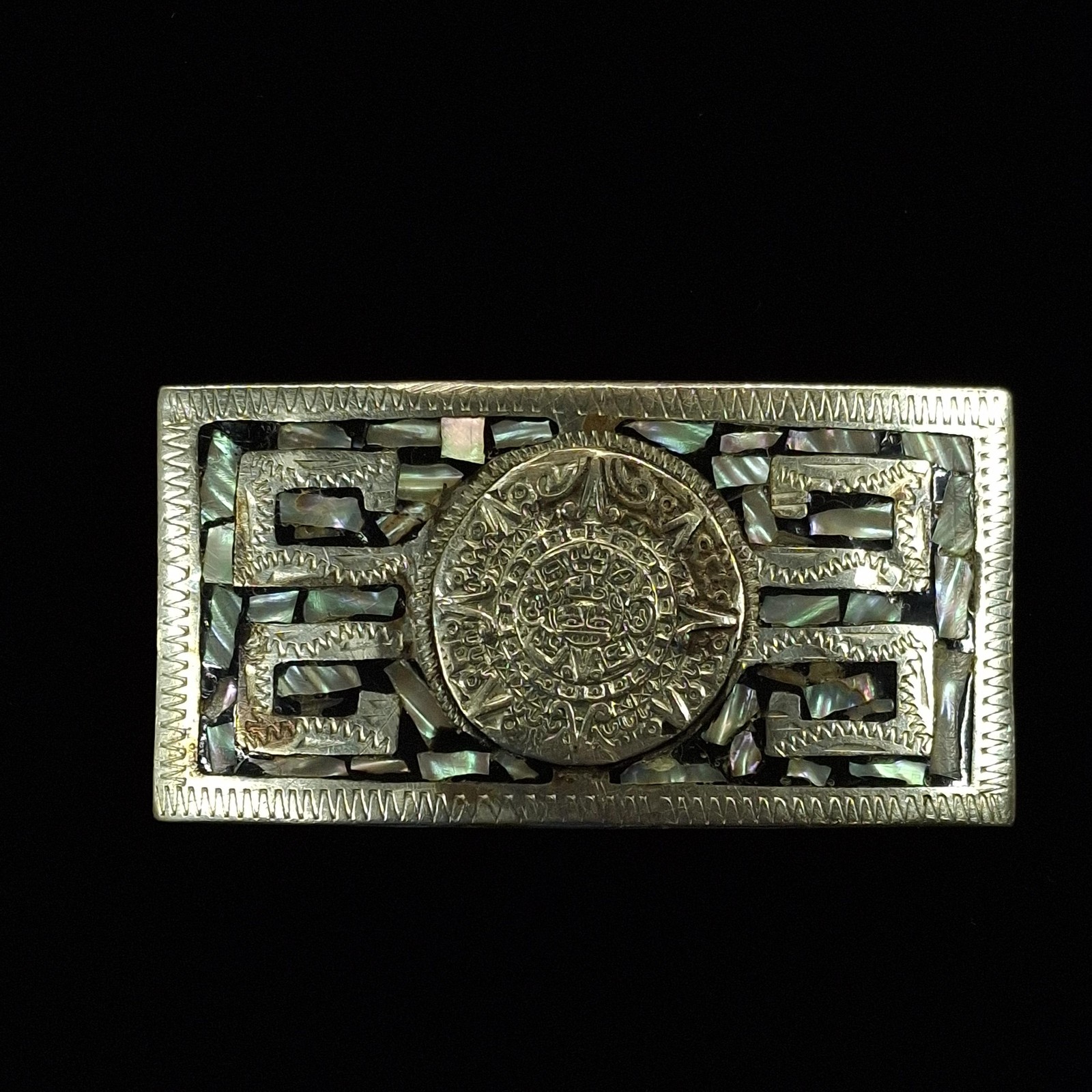Mexican Alpaca Silver Abalone Shell Inlay Aztec Calendar Belt Buckle Western