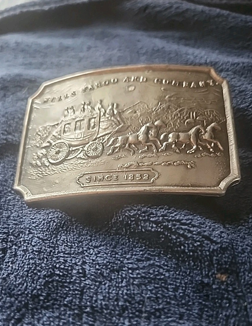 Vintage 1973 Wells Fargo & Company Belt Buckle Silver Plated Tone Since 1852